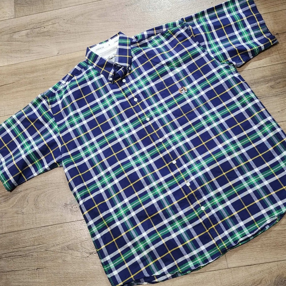 Cinch Mens XL Short Sleeve Button Down Shirt Blue Green Plaid Cotton Western